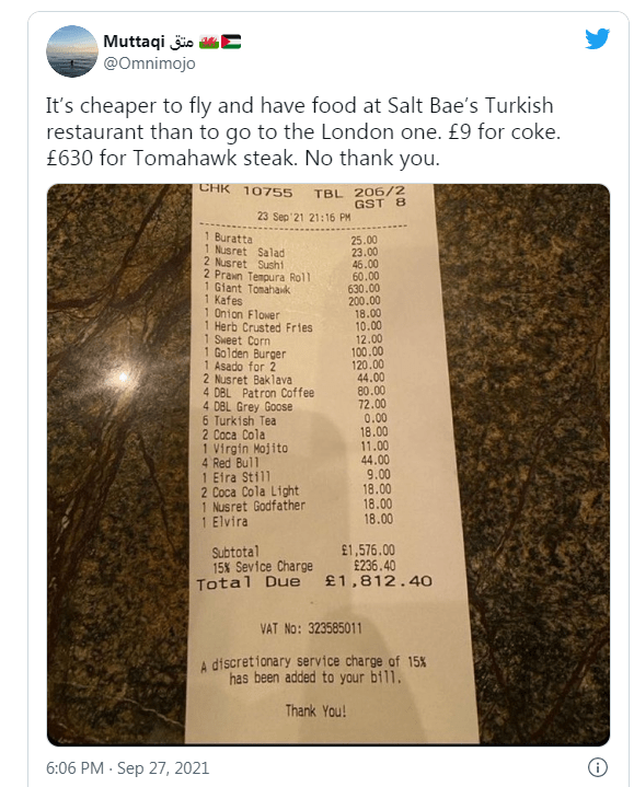 撒盐哥伦敦开新餐厅，价格贵到离谱！网友：一顿饭吃光了我所有积蓄！